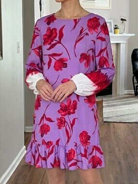 Prabul Gurung New Purple red floral Balloon sleeve Ombre Ruffle dress, S